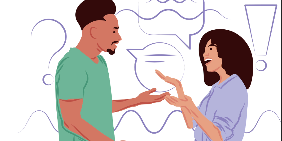 Illustrated graphic of two people conversing