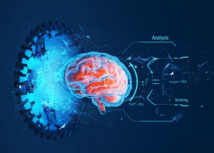 A graphic of a brain atop a navy blue background and analysis graph on the right.