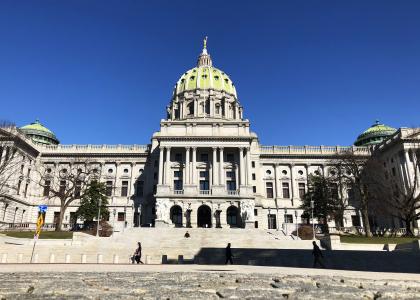 An exterior photo of the State Capitol Building in Harrisburg