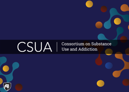 Blue header with yellow, orange, red and teal molecules that says CSUA | Consortium on Substance Use and Addiction