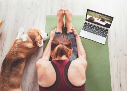 Woman doing online yoga with dog by her side