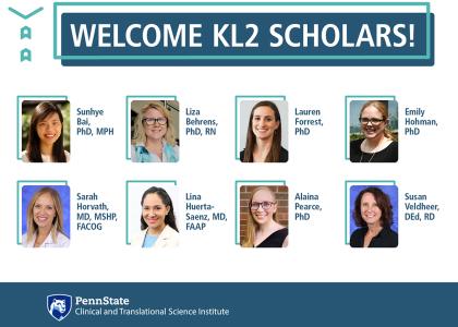 Eight professional head-and-shoulders photos appear in two rows below the title Welcome KL2 Scholars. The Penn State Clinical and Translational Science Institute logo appears at the bottom.