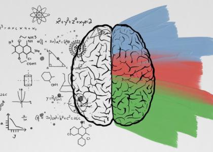 An image of a brain, with formulas, graphed mathematical functions, molecular structures, and other scientific diagrams on one side, and artistic blue, red, and green brush strokes on the other
