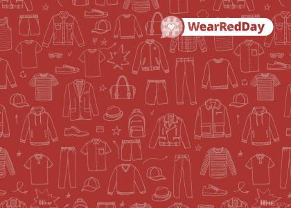 red background with illustrations of clothing and text stating Wear Red Day