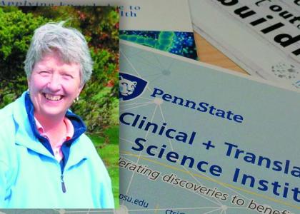 A head and shoulders portrait of Dee Bagshaw against a background image of translational research flyers.