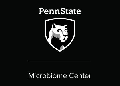 Penn State Badge and Microbiome Center text in white on a black background