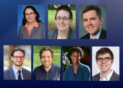 Collection of headshots featuring the seven presenters of the spring PRC seminar series