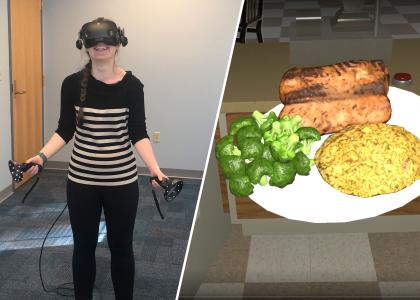 On the left, a woman wears a virtual reality headset. On the right, there is a virtual plate of food with broccoli, rice and salmon on it.