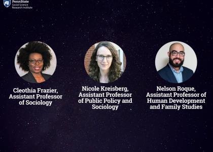 Headshots of new SSRI co-funded faculty members on a dark background with white text: Cleothia Franzier, Nicole Kreisberg, and Nelson Roque