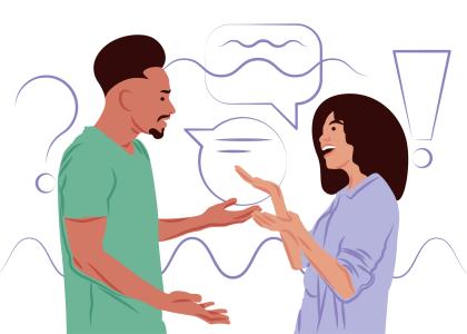 Illustrated graphic of two people conversing with text bubbles, a question mark, and exlamation point graphic in background.