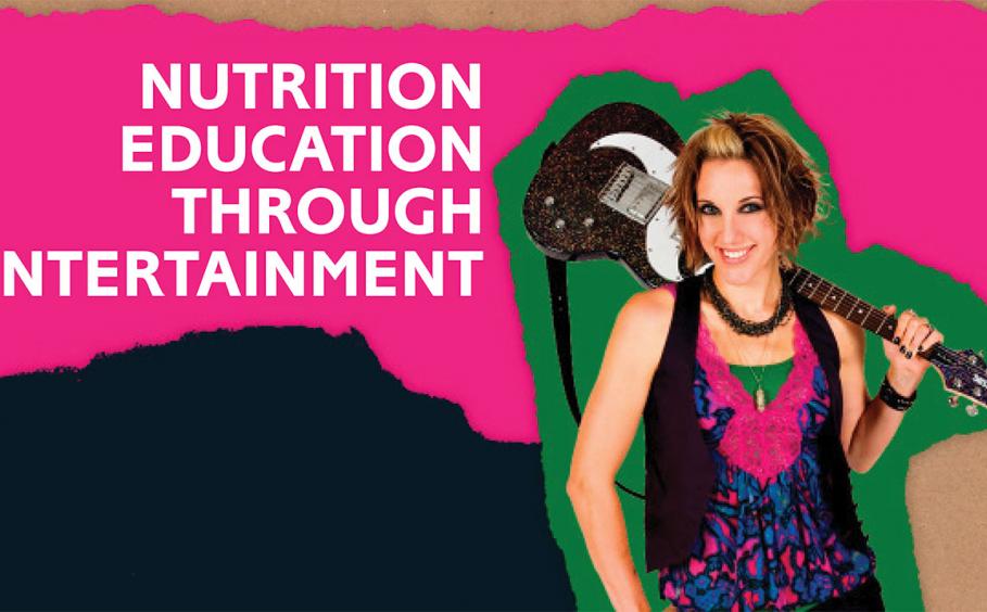 Woman with a guitar on her shoulder. With bright pink, green and dark blue paper shreds. Nutrition Education Through Entertainment