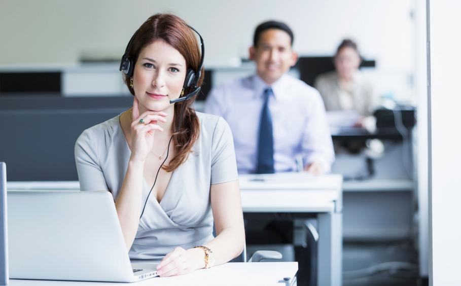 Woman working in a call center setting