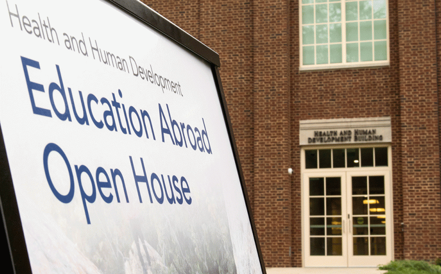 Sandwich board for Health and Human Development's Education abroad open house. 