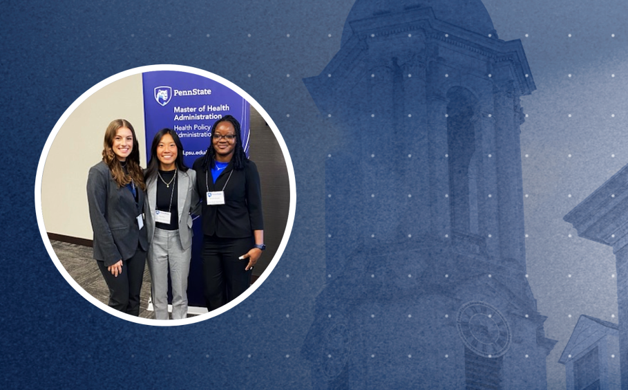 Alaina Burns, Faye Bui, and Aimee Asante. Old main photo with blue overlay background.