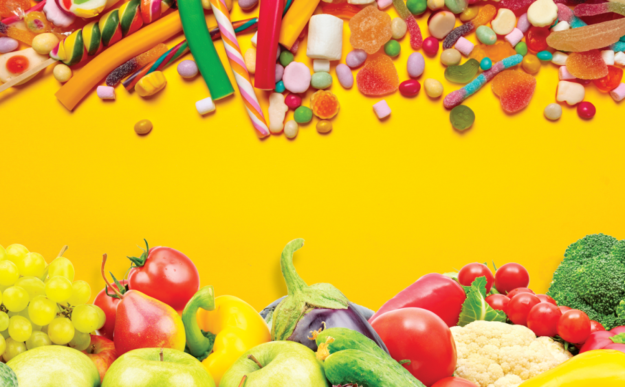 Banner image with candy on top and fruit on the bottom
