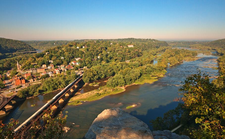 Scenic vista overlooking Harpers Ferry in West Virginia and the Potomac River.