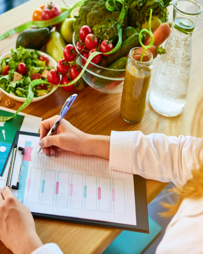 A woman sits at a table with a clipboard of a nutrition planner with salads, salad dressing, and water. 