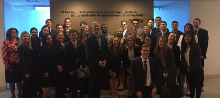:  O'Neill's Hospitality Real Estate class toured the Hilton Worldwide Headquarters in McLean, VA, and met with Hilton CEO, Chris Nassetta. Donna Quadri-Felitti, Marvin Ashner Director and Brian Black, Director of Hospitality Industry and Alumni Relations joined on the class trip.