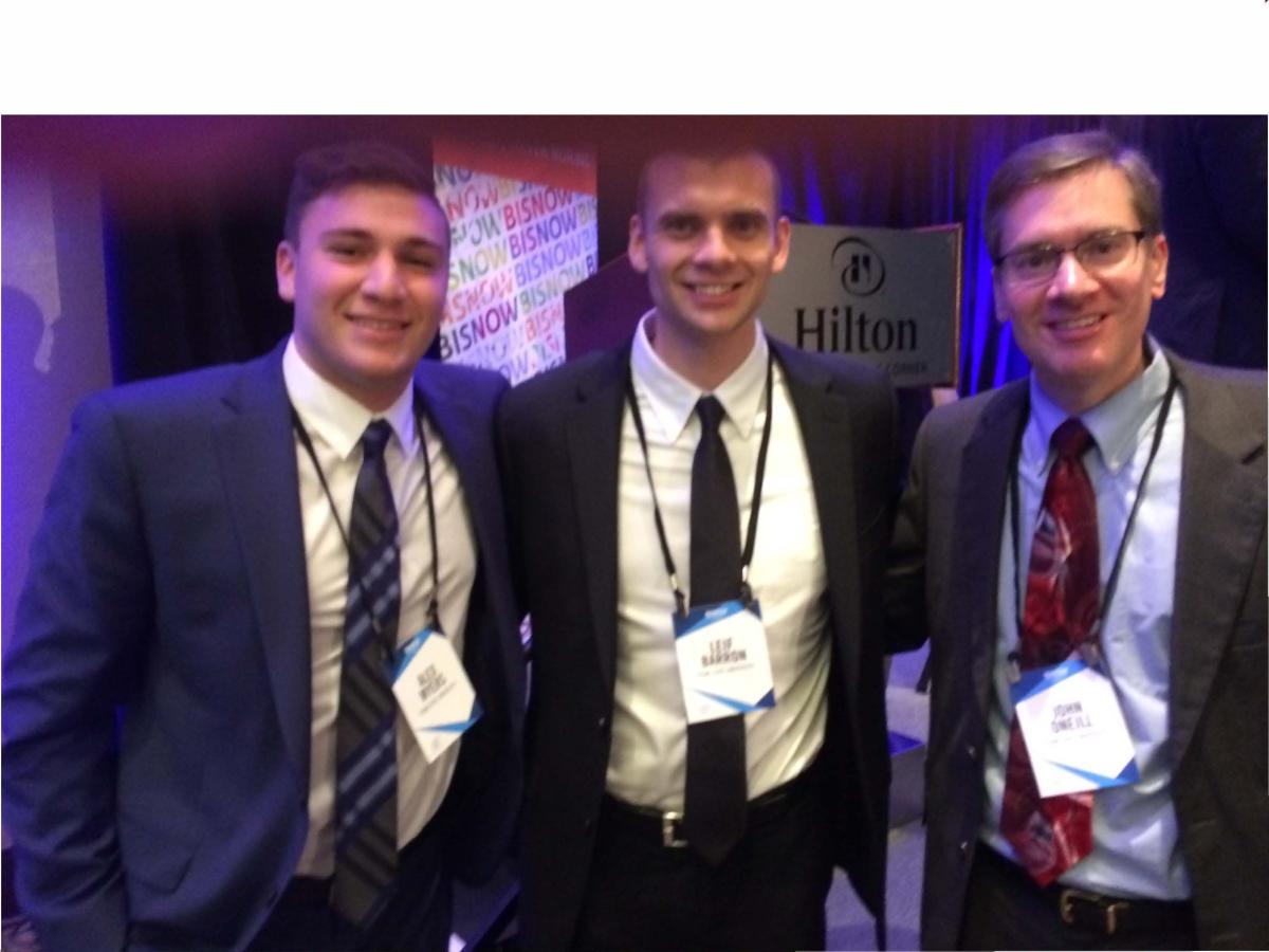 =O'Neill and two School of Hospitality Management students attended the Bisnow Lodging Investment Summit at the Tysons Corner Hilton outside Washington, DC. O’Neill introduced the CEO panel at the conference.   Left to right: Alex Myers and Leif Barron, John O'Neill